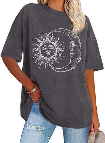 Womens Oversized Tshirt Graphic Tees Summer Top, Grey Black Sun Moon, 3XL