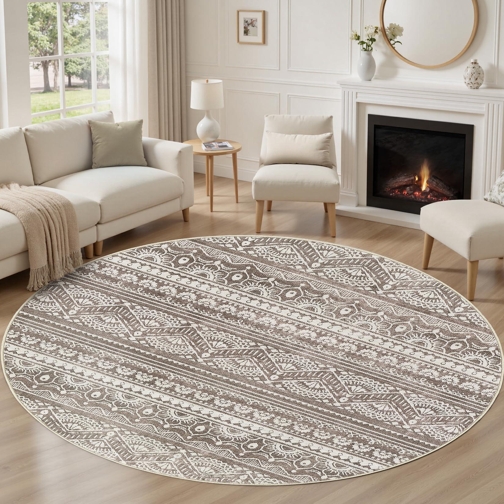 Tortania 8' Round Area Rug Living Room Rugs - Washable Large Soft Neutral Boho Moroccan Bohemian Farmhouse Rug Indoor Floor Carpet for Bedroom Under Dining Table Home Office Decor - Dark Brown